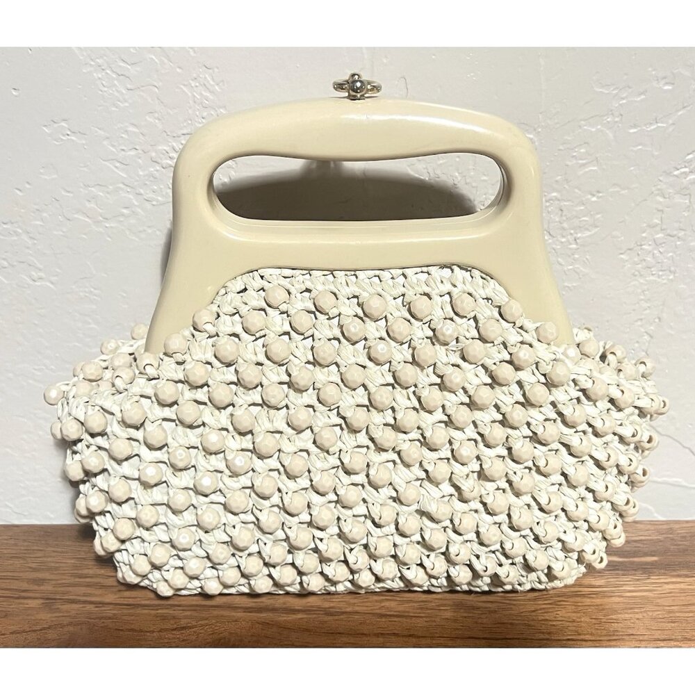 Gaymode Italy Purse Raffia Beaded Cream Beige Celluloid Handle 8” x 8” Clean